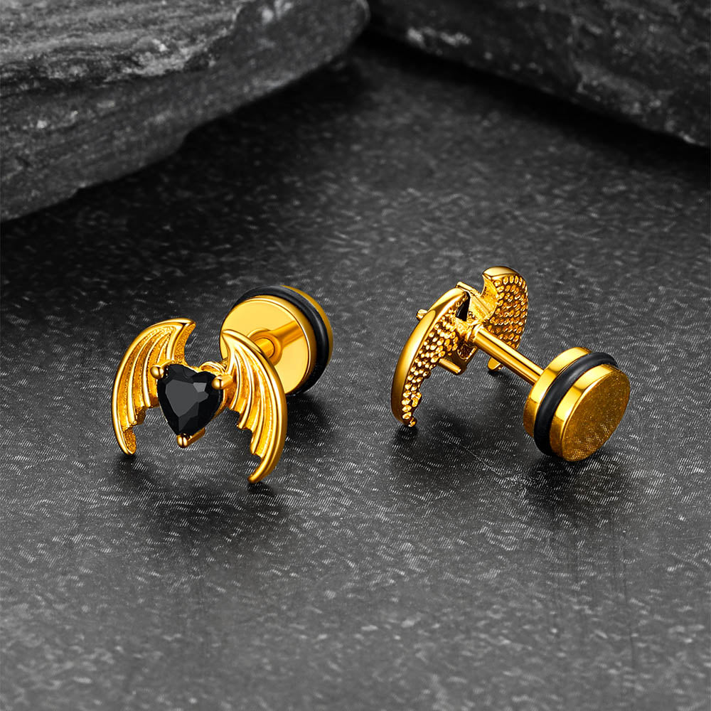 Black CZ Heart Devil Wings Stud Earrings in Stainless Steel