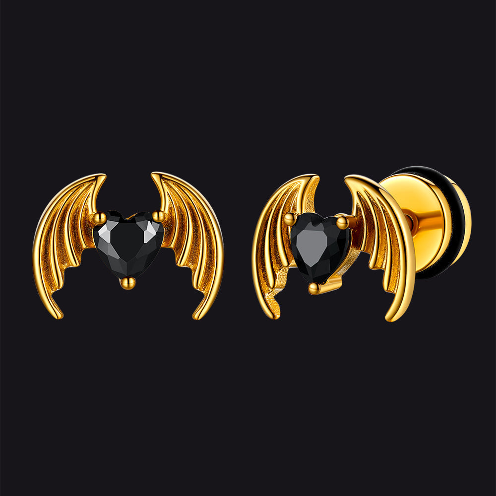 Black CZ Heart Devil Wings Stud Earrings in Stainless Steel