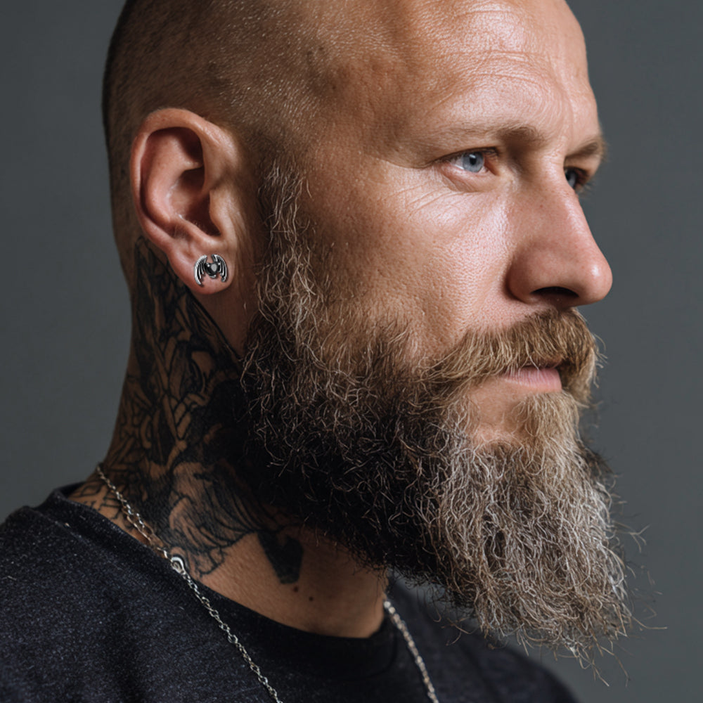 Black CZ Heart Devil Wings Stud Earrings in Stainless Steel