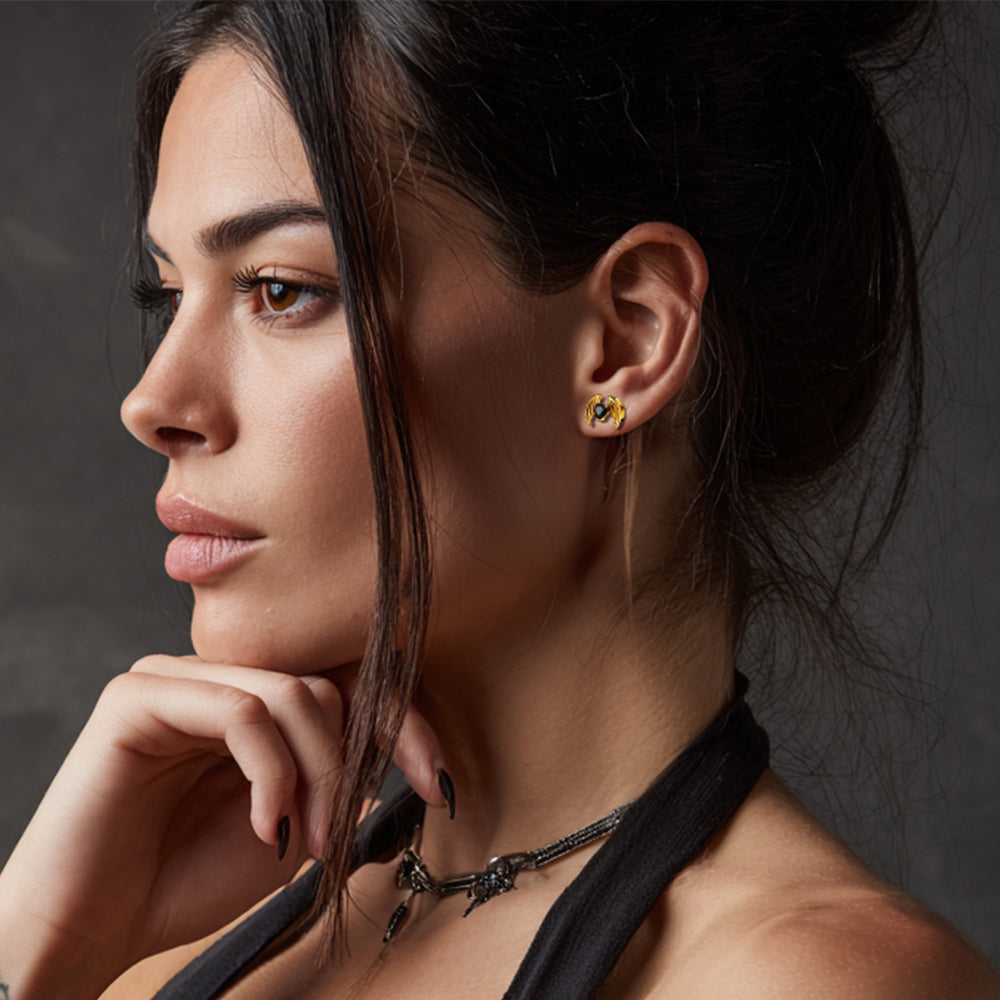 Black CZ Heart Devil Wings Stud Earrings in Stainless Steel