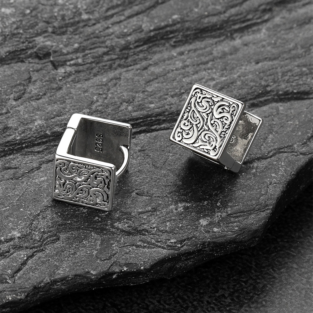 S925 Silver Vintage Tangcao Flower Square Earrings Antique for Men Women
