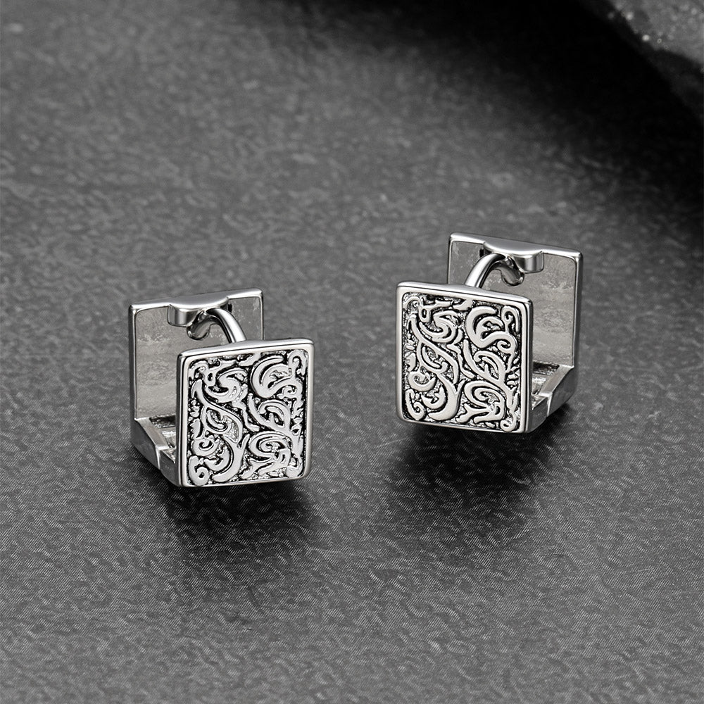 S925 Silver Vintage Tangcao Flower Square Earrings Antique for Men Women