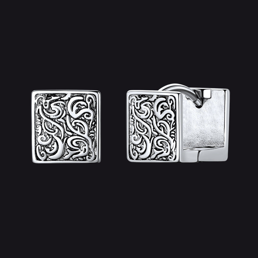 S925 Silver Vintage Tangcao Flower Square Earrings Antique for Men Women