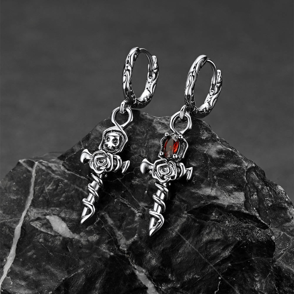 Vintage Rose Cross Drop Earrings for Men