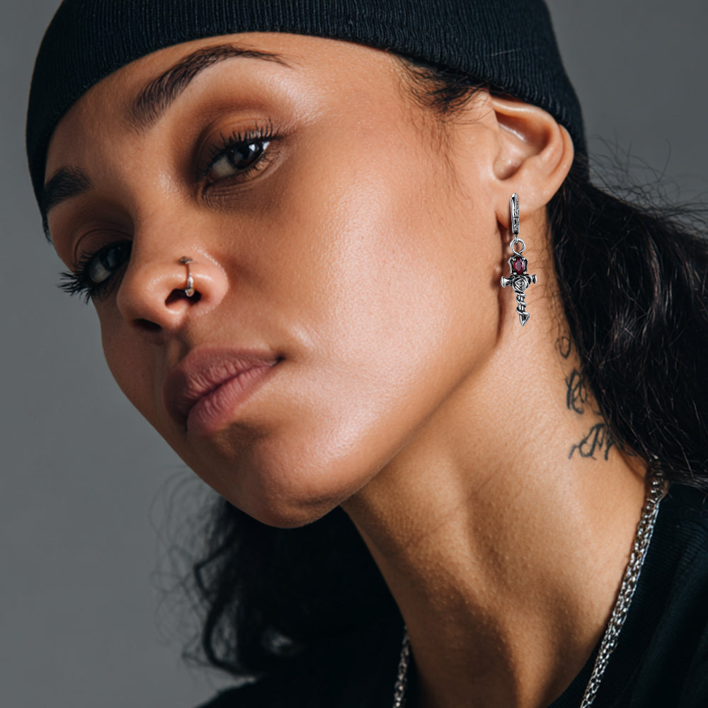 Vintage Rose Cross Drop Earrings for Men