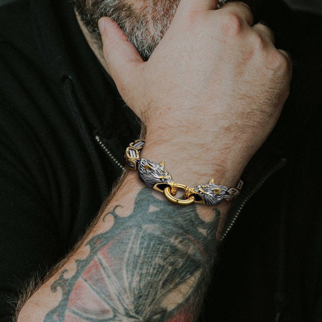 Viking Wolf Head Chain Bracelet Cuff Bangle Gift for Men