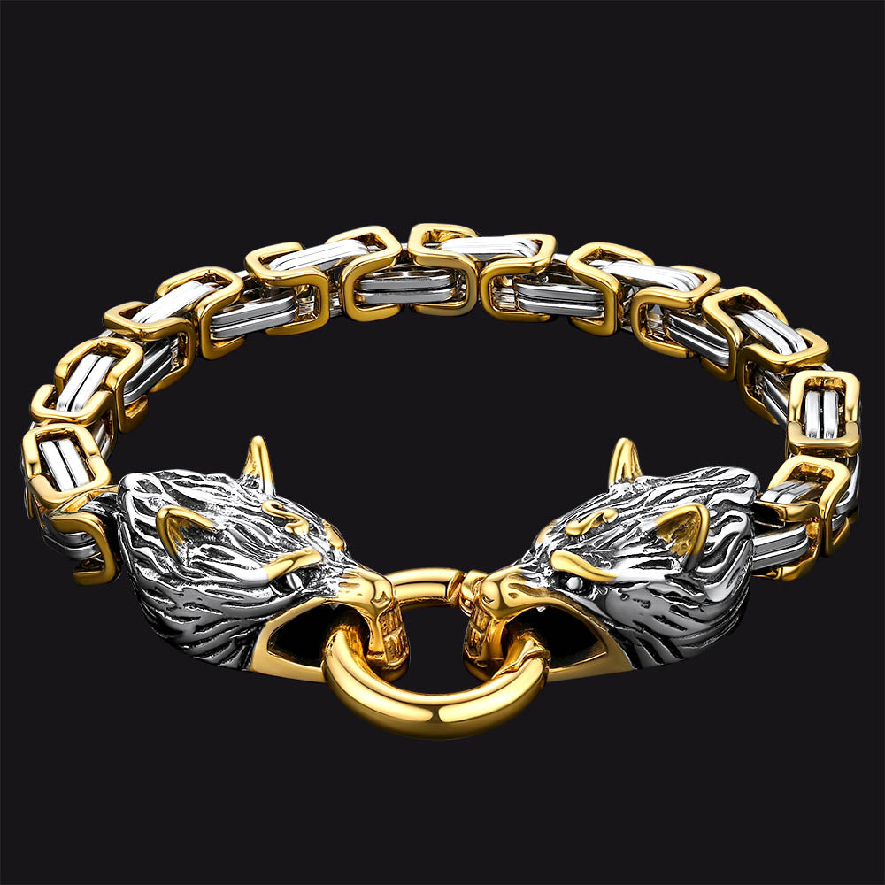 Viking Wolf Head Chain Bracelet Cuff Bangle Gift for Men