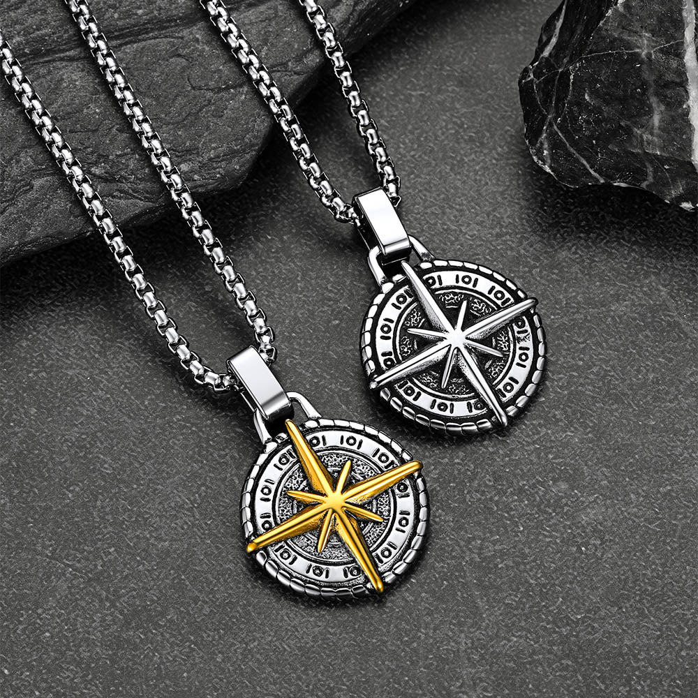 Cuban Curb Chain & Polaris Compass Pendant Layered Necklaces Set for Men