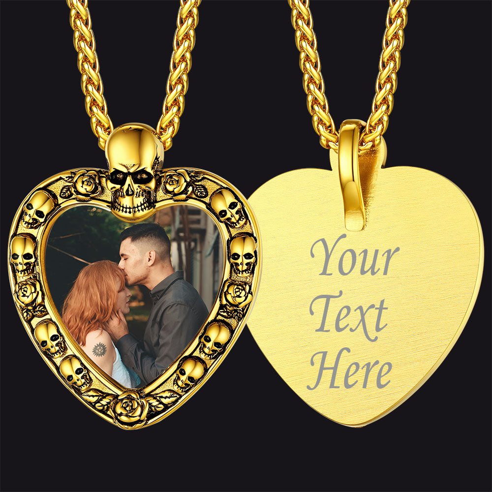 Customized Memorial Heart Photo Necklace with Skull for Men Women