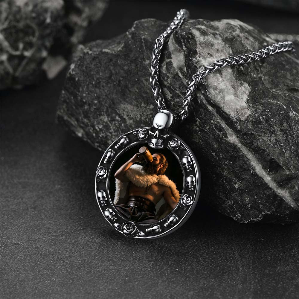 Customized Engraved Photo Necklace with Skull for Men Women