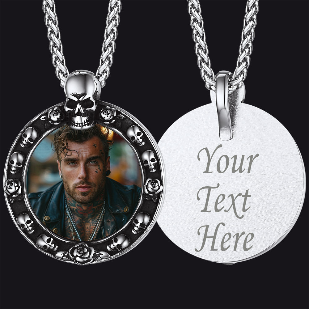 Customized Engraved Photo Necklace with Skull for Men Women
