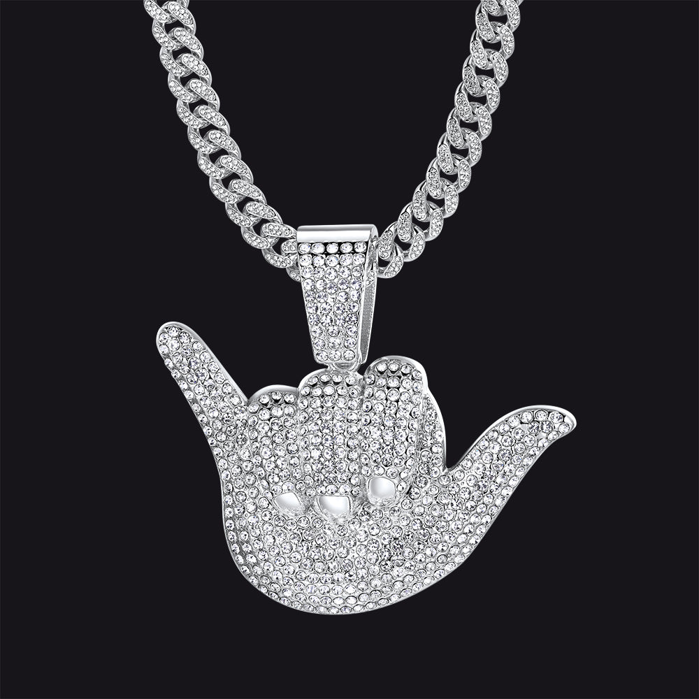 Full Diamond 666 Hand Pendant with Cuban Chain Necklace for Men