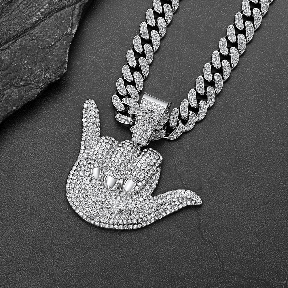 Full Diamond 666 Hand Pendant with Cuban Chain Necklace for Men