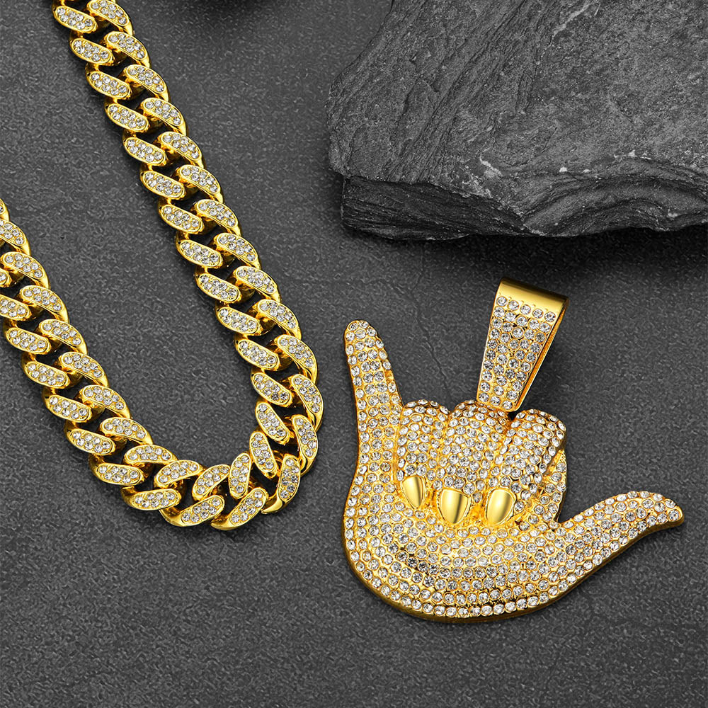 Full Diamond 666 Hand Pendant with Cuban Chain Necklace for Men