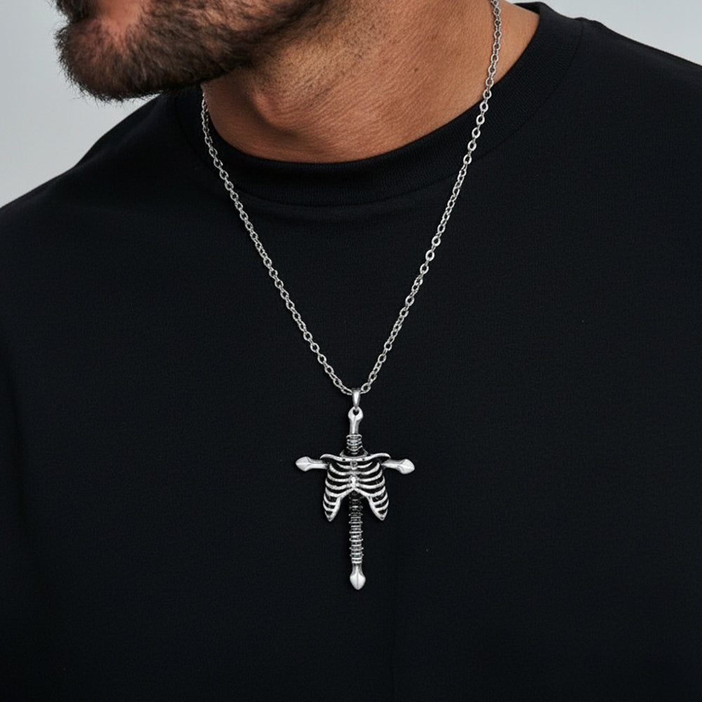 Gothic Jesus Skeleton Cross Pendant Necklace for Men
