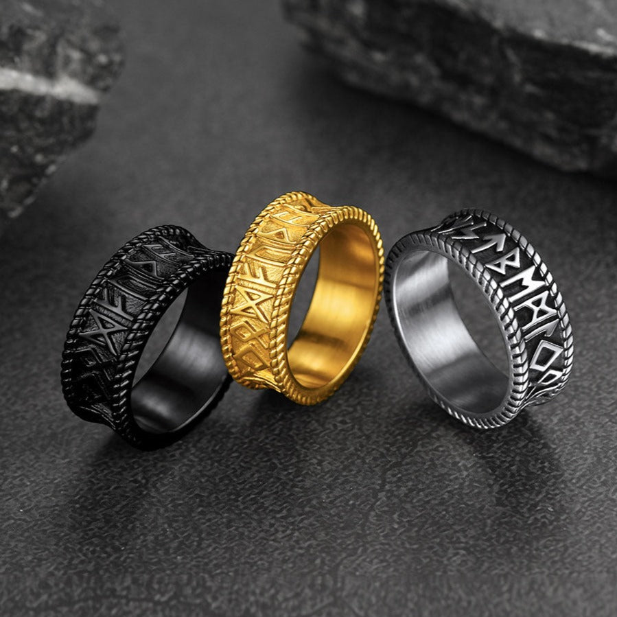 Stainless Steel Norse Viking Runes Band Ring for Men