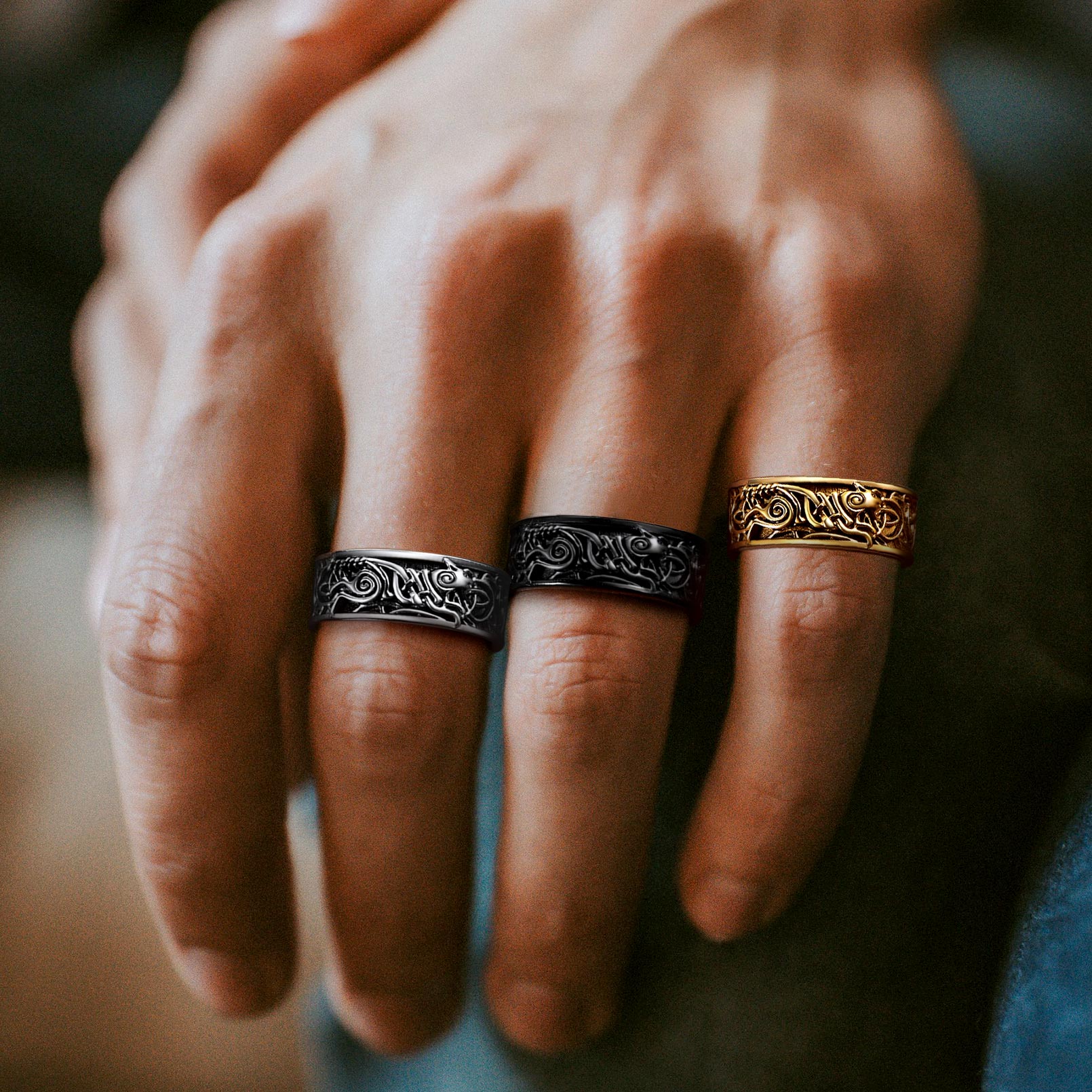 Norse Viking Celtic Wolf Ring Band For Men