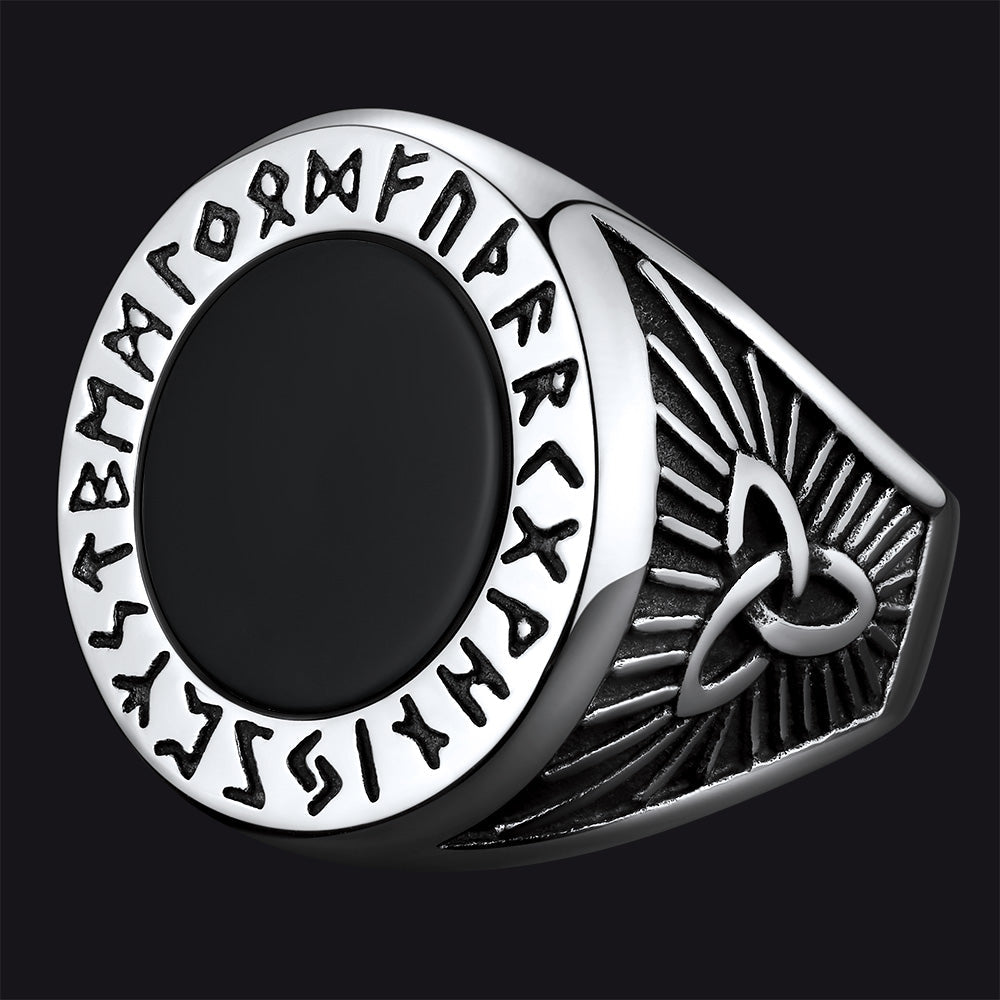 Black Onyx Signet Ring with Viking Runes for Men