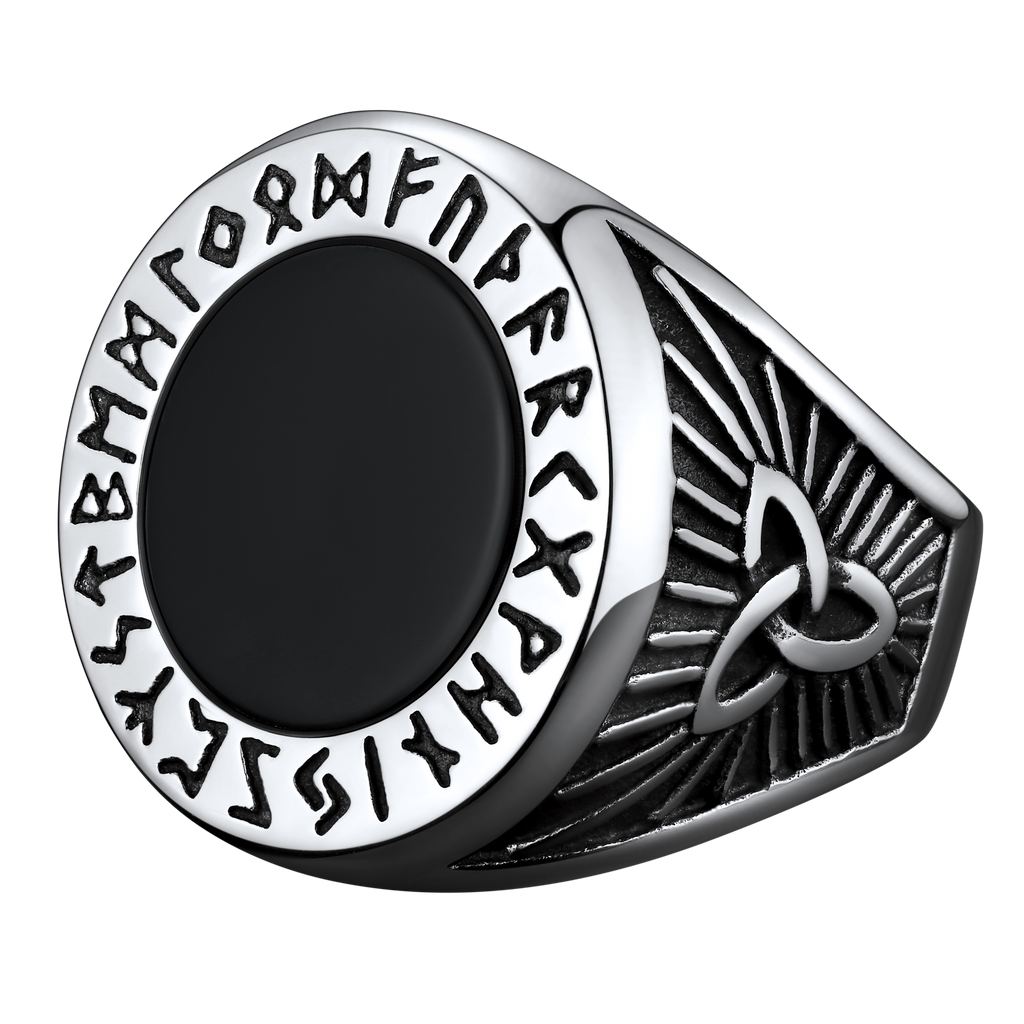 Black Onyx Signet Ring with Viking Runes for Men