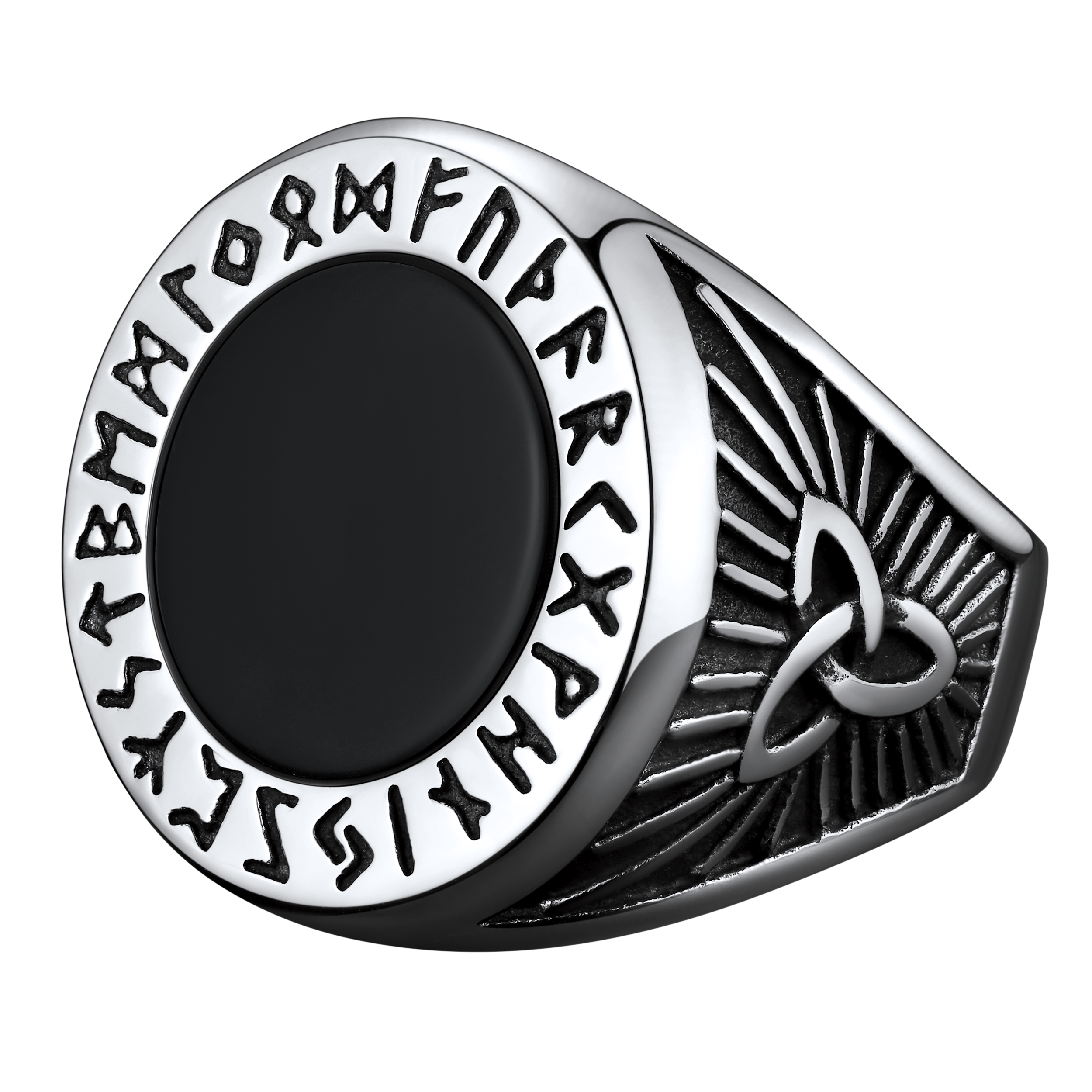 Black Onyx Signet Ring with Viking Runes for Men