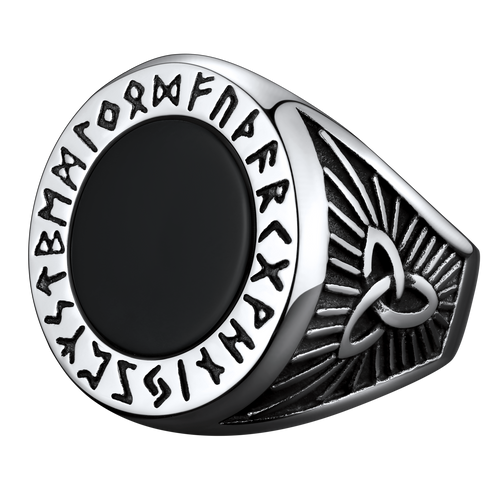 Black Onyx Signet Ring with Viking Runes for Men