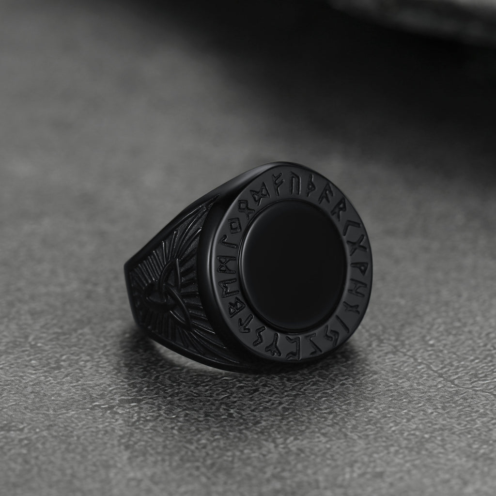 Black Onyx Signet Ring with Viking Runes for Men