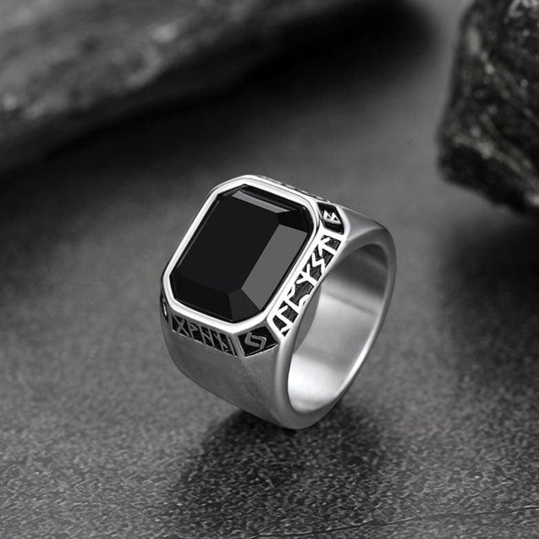 Customized Black Onyx Ring with Viking Runes for Men