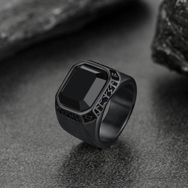 Customized Black Onyx Ring with Viking Runes for Men
