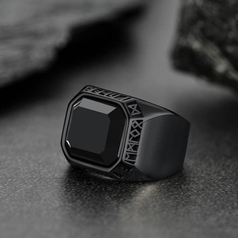 Customized Black Onyx Ring with Viking Runes for Men