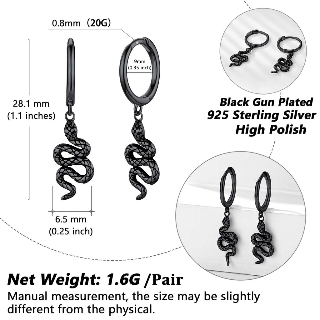 Sterling Silver Snake Dangle Hoop Earrings for Men Women