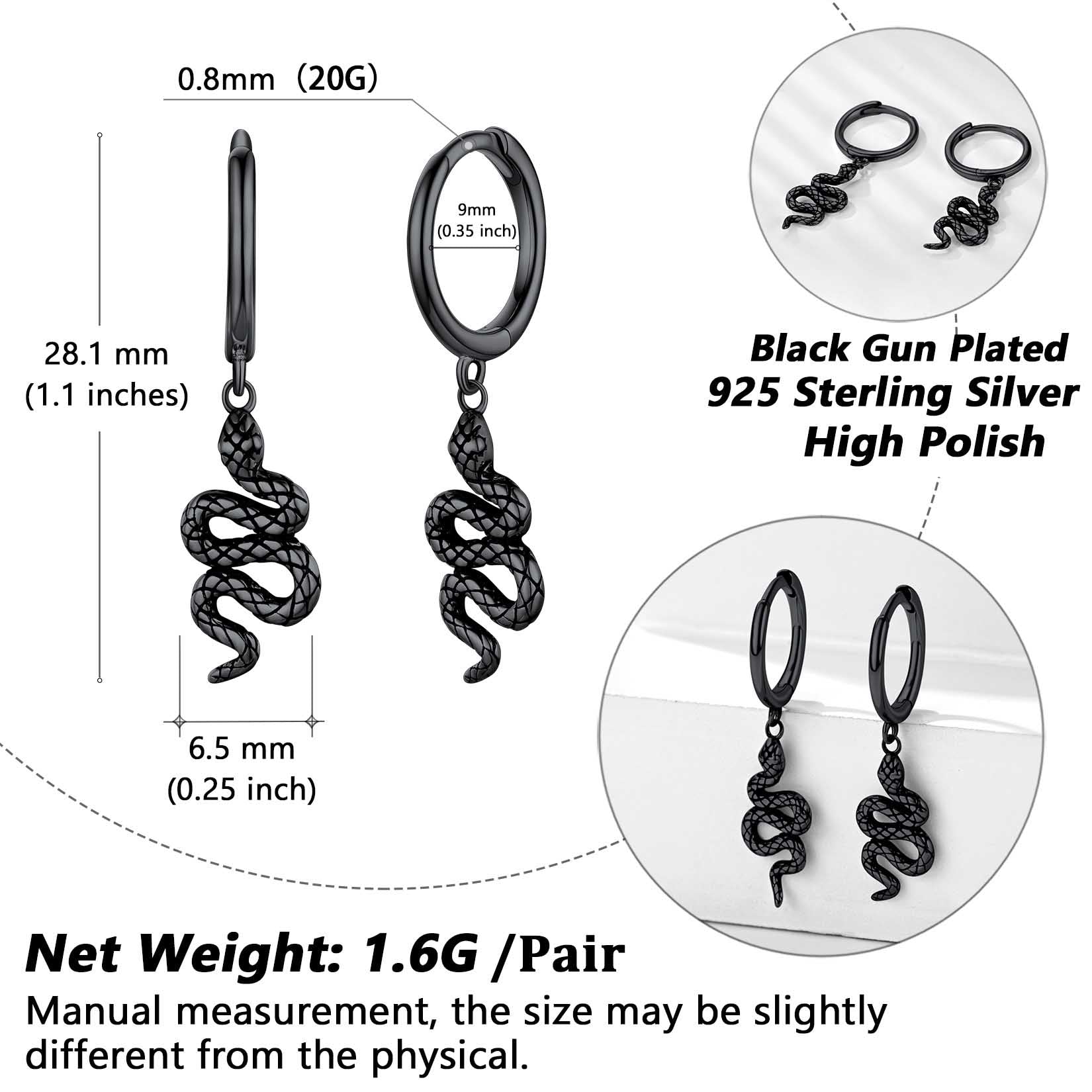 Sterling Silver Snake Dangle Hoop Earrings for Men Women