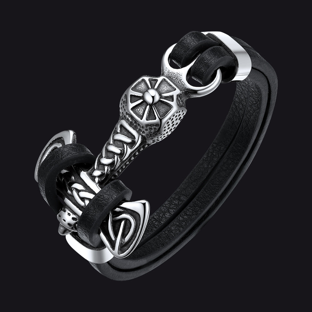 Viking Mjolnir Thor's Hammer Leather Bracelet for Men