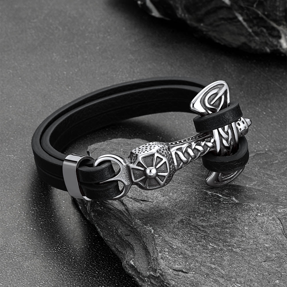 Viking Mjolnir Thor's Hammer Leather Bracelet for Men