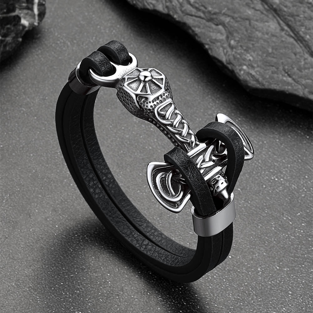Viking Mjolnir Thor's Hammer Leather Bracelet for Men