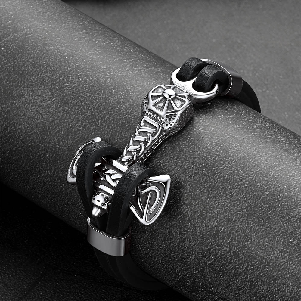 Viking Mjolnir Thor's Hammer Leather Bracelet for Men
