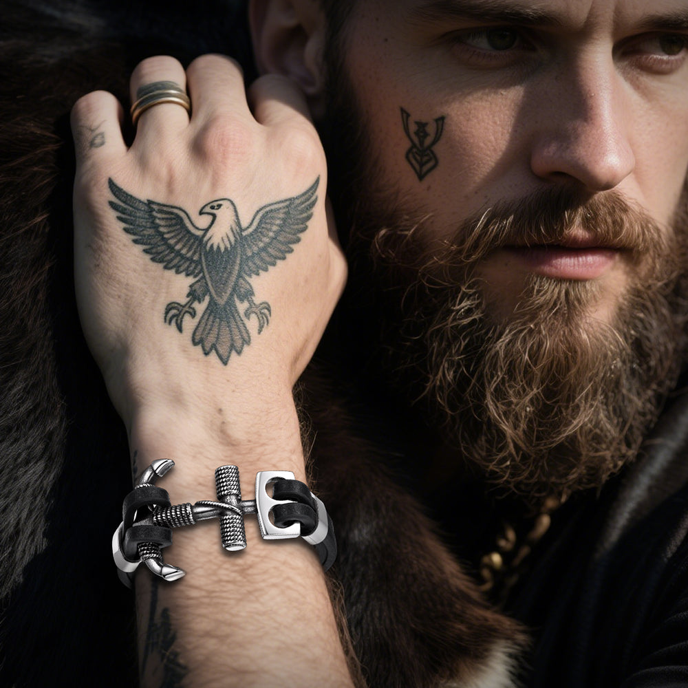 Viking Stainless Steel Anchor Black Leather Bracelet for Men