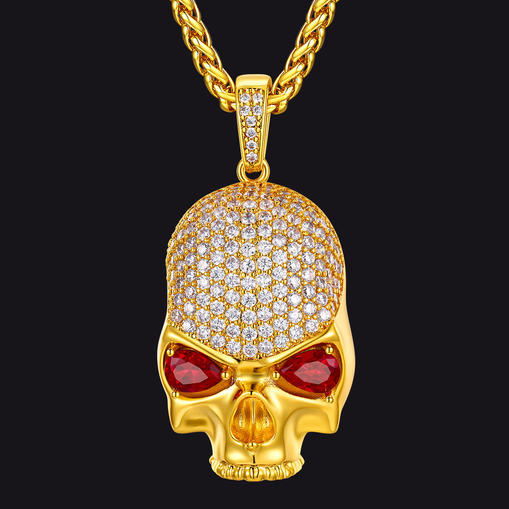 Halloween Gothic Skull Diamond Necklace With Red Eye For Men