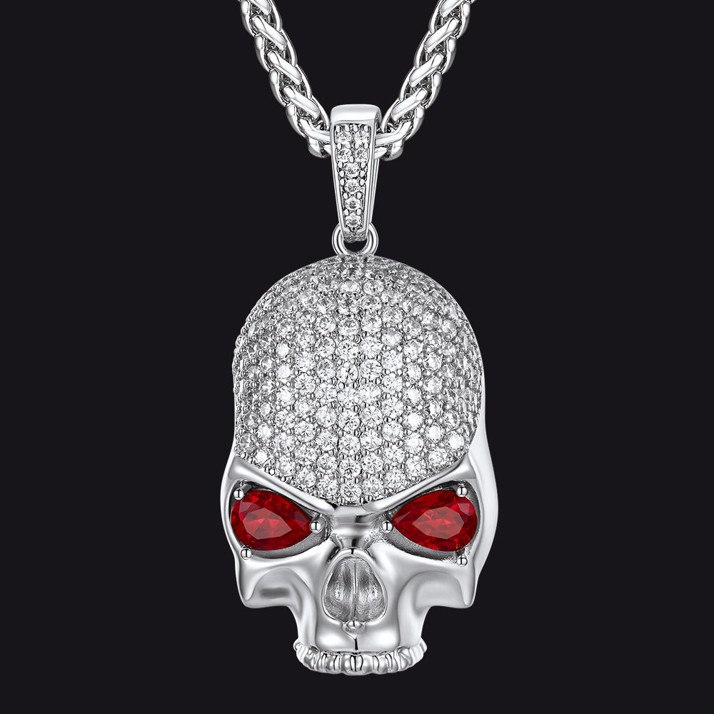 Halloween Gothic Skull Diamond Necklace With Red Eye For Men