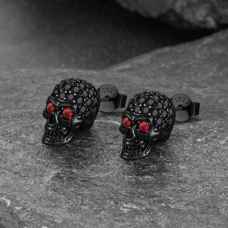 Sterling Silver Gothic Skull Diamond Stud Earrings For Men
