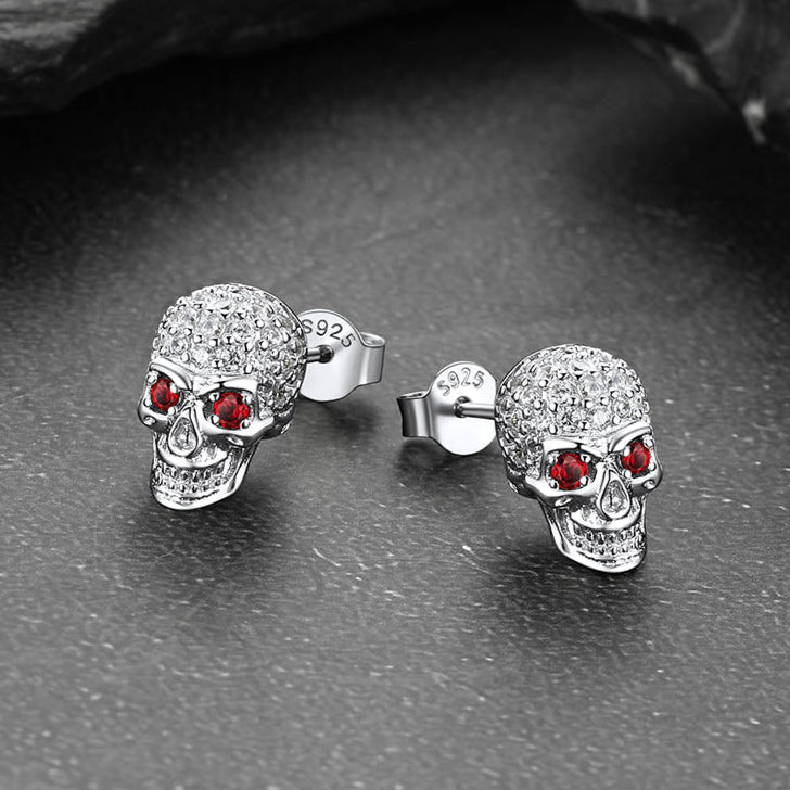 Sterling Silver Gothic Skull Diamond Stud Earrings For Men