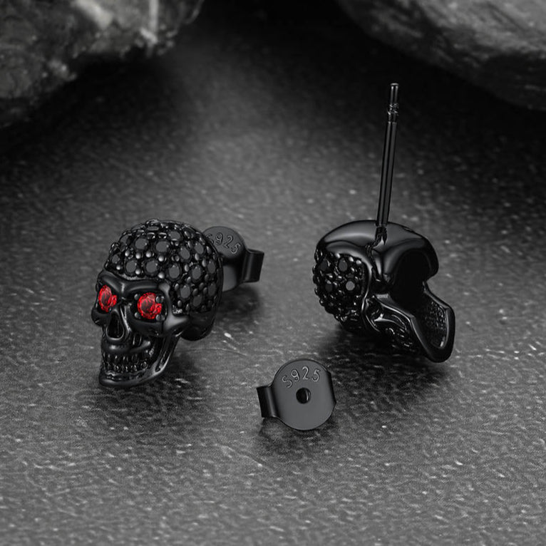 Sterling Silver Gothic Skull Diamond Stud Earrings For Men