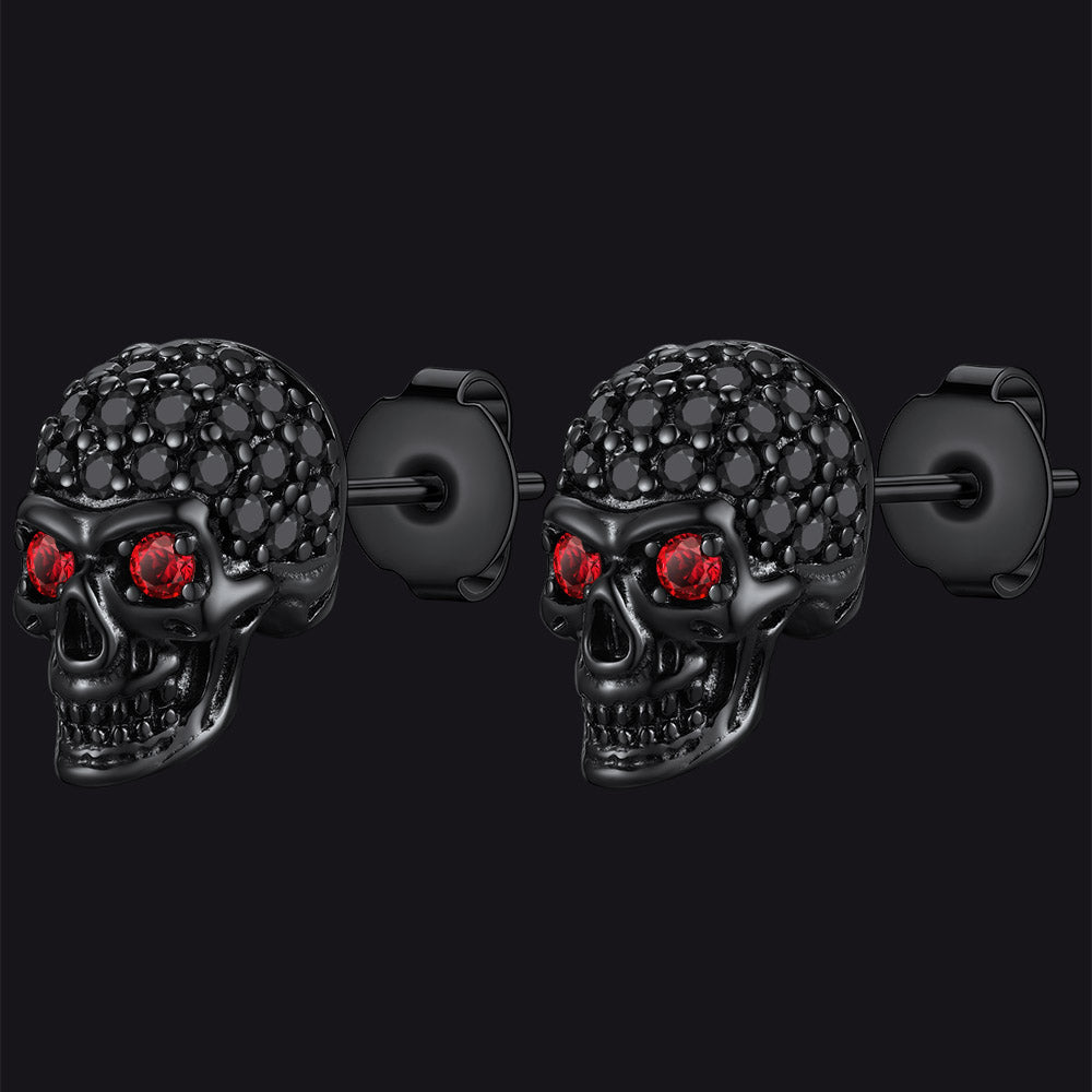 Gothic CZ Red Eye Stud Skull Earrings For Men