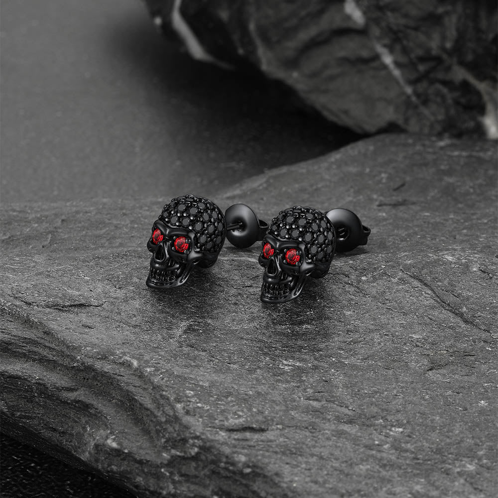 Gothic CZ Red Eye Stud Skull Earrings For Men