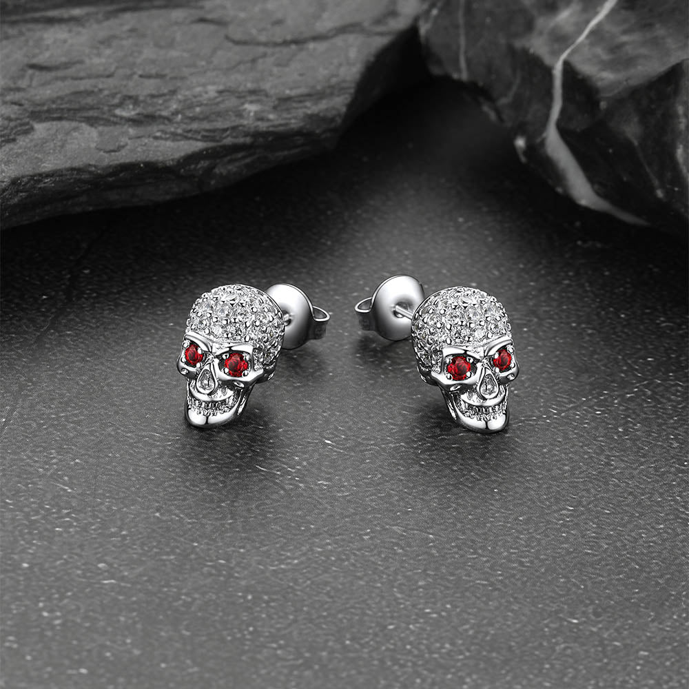 Gothic CZ Red Eye Stud Skull Earrings For Men