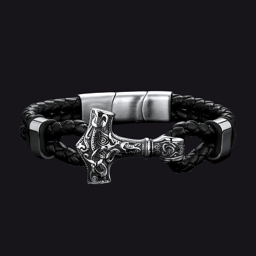 Viking Thor's Hammer Mjolnir Braided Leather Bracelet Gift For Men