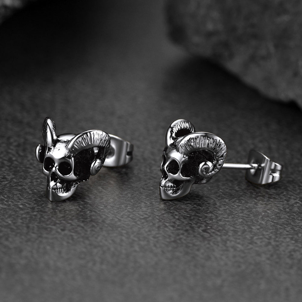 Flash Sale Satanic Baphomet Goat Skull Head Stud Earrings For Men