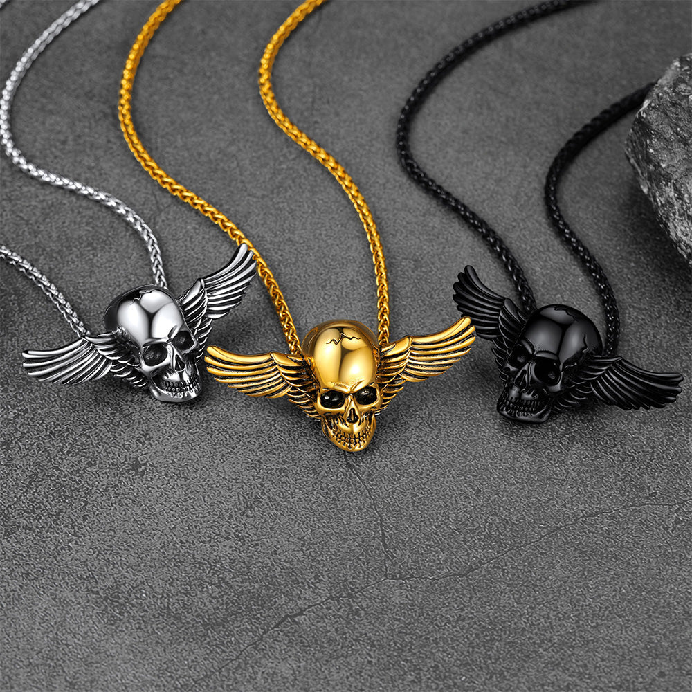 Gothic Skull Necklace With Wing For Men