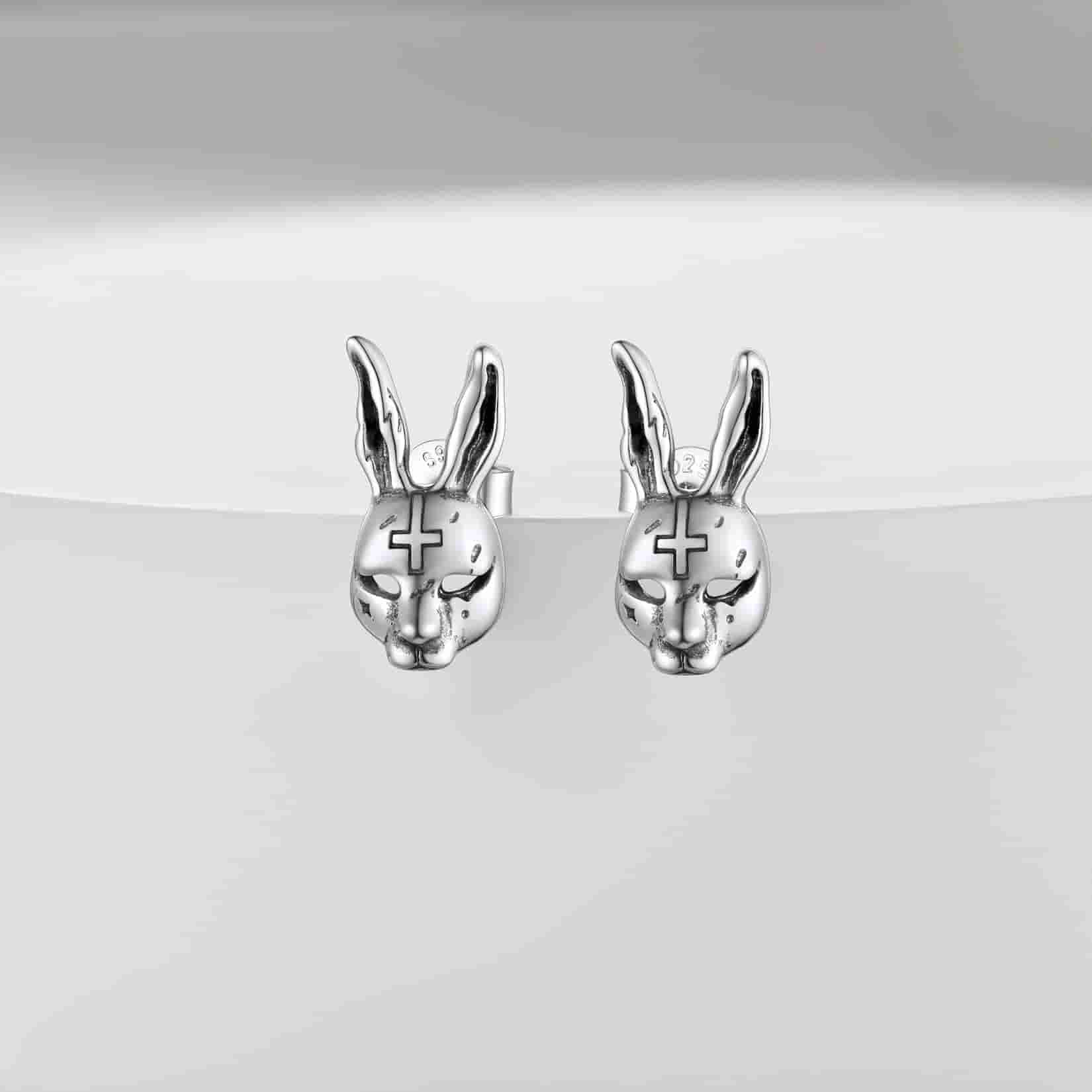 Halloween Silver Evil Bunny Stud Earrings For Men