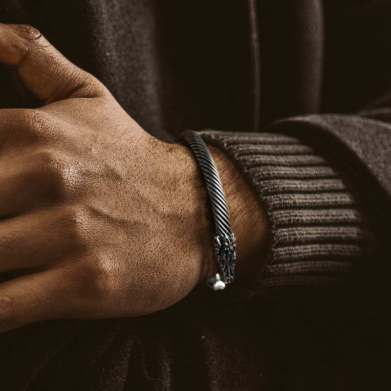 Viking Bracelet Norse Wolf Heads Cuff Bangle For Men