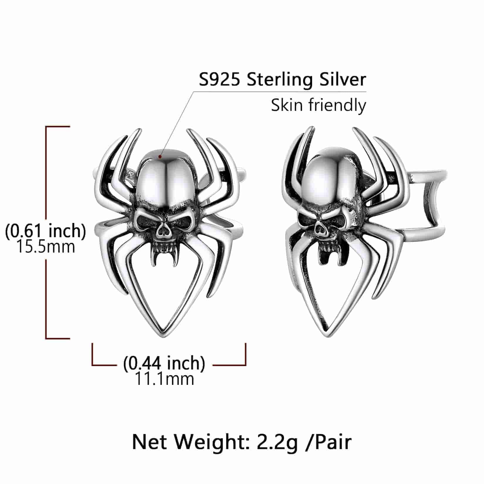 Sterling Silver Spider Skull Ear Cuff Earrings Halloween Gift